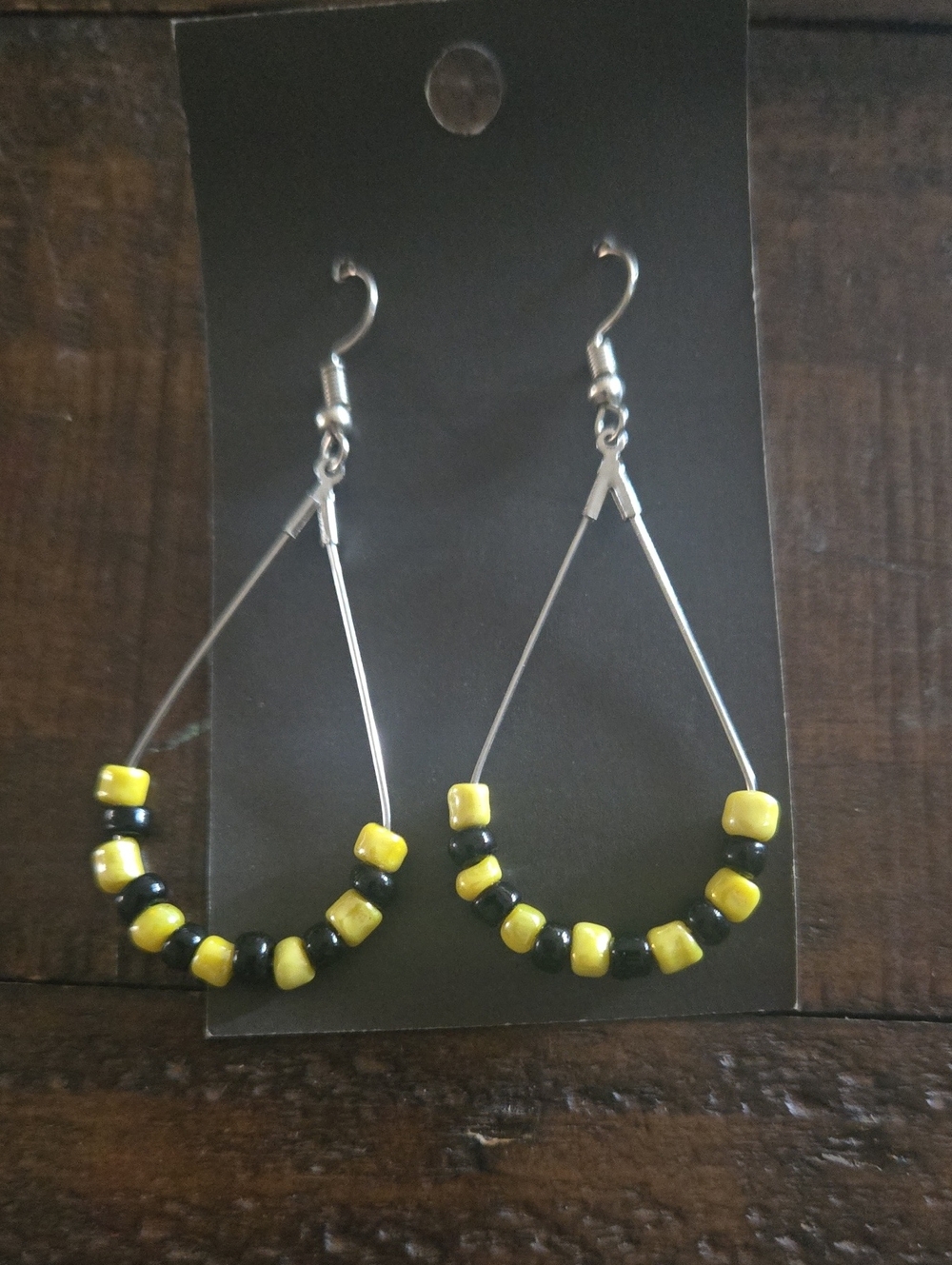Handcrafted Yellow and Black Beaded Teardrop Earrings